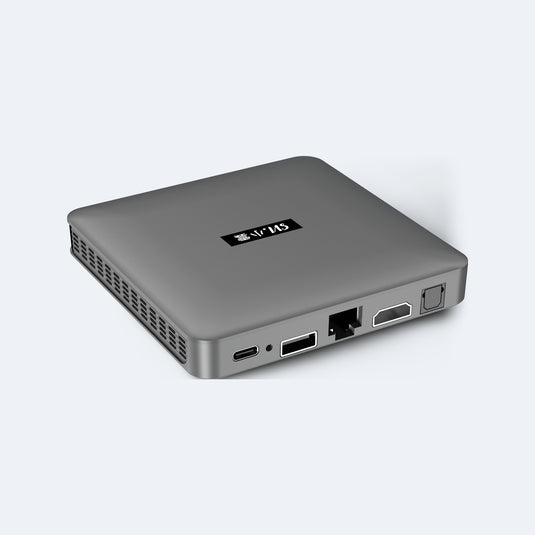 SVICLOUD 15P 小雲盒子 接口 — HDMI 2.1、RJ45、USB、Type-C、光纖 | SVICLOUD 15P TV Box 3/4 view showing HDMI 2.1, RJ45, USB, Type-C and optical ports